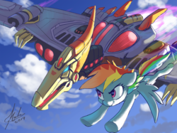 Size: 2828x2120 | Tagged: safe, artist:grissaecrim, rainbow dash, pegasus, pony, g4, cloud, commission, crossover, dinobot, fall of cybertron, female, high res, mare, signature, sky, smiling, swoop, transformers