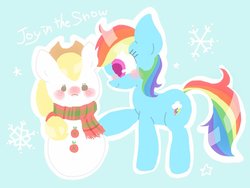 Size: 1024x768 | Tagged: safe, artist:1drfl_world_end, rainbow dash, pony, g4, blushing, clothes, female, hat, implied appledash, implied lesbian, implied shipping, mare, scarf, snow, snowman, solo, wingless