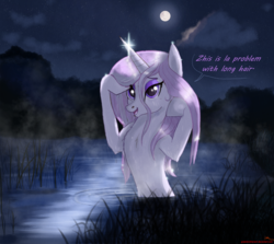 Size: 2550x2274 | Tagged: safe, artist:greenbrothersart, fleur-de-lis, pony, unicorn, g4, belly, cloud, concave belly, dialogue, female, high res, mare, moon, night, open mouth, slender, solo, thin, water, wet mane