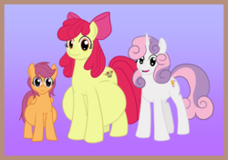 Size: 1092x770 | Tagged: safe, artist:catross, derpibooru exclusive, apple bloom, scootaloo, sweetie belle, earth pony, pegasus, pony, unicorn, g4, alternate cutie mark, anatomically incorrect, belly, big belly, cutie mark crusaders, female, height difference, impossibly large belly, mare, momma scoots, mommabloom, older, pregbloom, pregnant, pregnant apple bloom, pregnant scootaloo