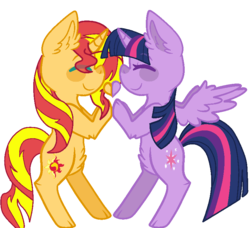 Size: 804x734 | Tagged: safe, artist:kittiebases, artist:marielleangel, sunset shimmer, twilight sparkle, alicorn, pony, unicorn, g4, base used, cute, eyes closed, female, holding hooves, lesbian, mare, shimmerbetes, ship:sunsetsparkle, shipping, simple background, transparent background, twiabetes, twilight sparkle (alicorn)