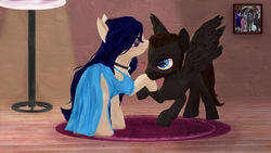 Size: 1280x720 | Tagged: safe, artist:zsnowfilez, oc, oc only, oc:belladonna nightshade, oc:gamma draconis, pegasus, pony, clothes, dress, female, hoof kissing, male, mare, stallion