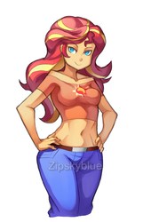 Size: 1500x2200 | Tagged: safe, artist:zipskyblue, sunset shimmer, equestria girls, g4, beautiful, belly button, belly shirt, belt, breasts, clothes, commission, female, hand on hip, jeans, midriff, off shoulder, pants, shirt, simple background, smiling, solo, white background