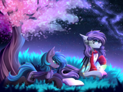 Size: 4444x3333 | Tagged: safe, artist:airiniblock, oc, oc only, oc:belfry towers, bat pony, pony, rcf community, bat pony oc, book, clothes, color porn, commission, duo, fangs, female, glasses, grass, mare, night, smiling, socks, stars, sweater, tree