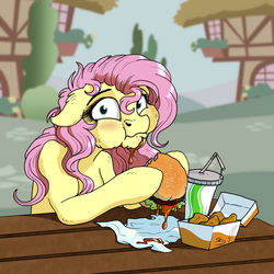 Size: 1024x1024 | Tagged: safe, artist:lupiarts, artist:snoopystallion, fluttershy, pegasus, pony, g4, burger, caught, chicken nugget, cognitive dissonance, collaboration, comic sins, digital art, drink, eating, fast food, female, food, hamburger, krystal can't enjoy her sandwich, majestic as fuck, mare, ponies eating meat, soda, softdrink