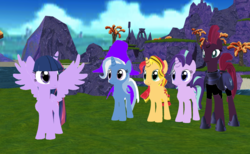 Size: 1300x800 | Tagged: safe, artist:supersmashcynderlum, starlight glimmer, sunset shimmer, tempest shadow, trixie, twilight sparkle, alicorn, pony, unicorn, g4, 3d, broken horn, counterparts, female, horn, mmd, spongebob squarepants, twilight sparkle (alicorn), twilight's counterparts