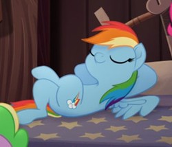 Size: 337x288 | Tagged: safe, screencap, rainbow dash, pegasus, pony, my little pony: the movie, butt, cropped, crossed hooves, crossed legs, eyes closed, female, hooves behind head, lying down, mare, plot, reclining, relaxing, wings
