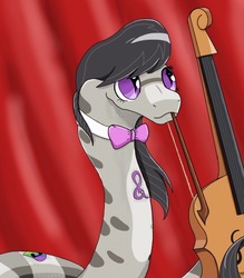 Size: 768x875 | Tagged: safe, artist:mixdaponies, octavia melody, snake, g4, :3, alternative cutie mark placement, bow (instrument), cello, cute, female, implied lesbian, implied scratchtavia, implied shipping, looking up, mouth hold, musical instrument, scales, slit pupils, smiling, snek, solo, species swap, tavibetes