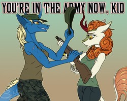 Size: 1280x1018 | Tagged: safe, artist:sunny way, autumn blaze, oc, oc:alirfesta, ki'rinaes, kirin, original species, anthro, equis universe, rcf community, g4, sounds of silence, anthro oc, army, cute, female, gun, horn, ki'rinaes and kirin, lineart, lol, mare, open mouth, paws, tail, weapon