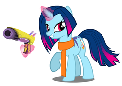 Size: 786x557 | Tagged: safe, artist:flash equestria photography, oc, oc only, oc:pluto planitia, pony, unicorn, action pose, clothes, grin, looking at you, magic, ray gun, scarf, smiling, telekinesis, weapon