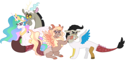 Size: 2328x1126 | Tagged: safe, artist:ashidaii, discord, princess celestia, oc, oc:desorde, oc:solstice, draconequus, hybrid, g4, female, interspecies offspring, male, offspring, parent:discord, parent:princess celestia, parents:dislestia, ship:dislestia, shipping, simple background, straight, transparent background