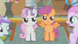 Size: 1280x720 | Tagged: safe, screencap, liza doolots, petunia, piña colada, scootaloo, sweetie belle, tootsie flute, pony, call of the cutie, g4, female, filly
