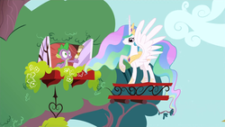 Size: 1920x1080 | Tagged: safe, screencap, princess celestia, spike, dragon, pony, feeling pinkie keen, g4, balcony, golden oaks library, scroll