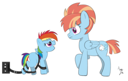 Size: 1500x955 | Tagged: safe, artist:augjodo, rainbow dash, windy whistles, pegasus, pony, g4, blank flank, compact cassette, digital art, duo, embarrassed grin, female, filly, filly rainbow dash, like mother like daughter, like parent like child, mare, mother and daughter, rainbond dash, tangled up, thousand yard stare, vhs, younger
