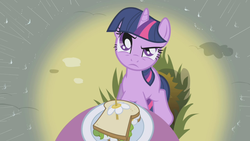 Size: 1280x720 | Tagged: safe, screencap, twilight sparkle, pony, unicorn, g4, season 1, the ticket master, daffodil and daisy sandwich, female, food, frown, herbivore, mare, rain, sandwich, solo, unicorn twilight