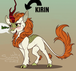 Size: 733x693 | Tagged: safe, artist:sunny way, edit, editor:dreamy orange, autumn blaze, kirin, pony, rcf community, sounds of silence, arrow, awwtumn blaze, blushing, brown background, captain obvious, cute, female, floppy ears, gradient background, horn, kirinbetes, leg fluff, mare, open mouth, shaped like itself, shy, simple background, smiling, speech bubble, sweet dreams fuel, tail, truth