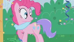 Size: 1280x720 | Tagged: safe, screencap, pinkie pie, earth pony, pony, g4, the ticket master, confetti, cute, diapinkes, female, mare, pin the tail on the pony, solo