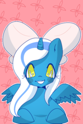 Size: 320x480 | Tagged: safe, artist:sick-kiittens, oc, oc only, oc:fleurbelle, alicorn, pony, abstract background, alicorn oc, bow, hair bow, happy, smiling, solo