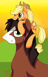 Size: 500x800 | Tagged: safe, artist:greenfire2908, applejack, trouble shoes, earth pony, pony, g4, applejack riding trouble shoes, applejack's hat, cowboy hat, female, hat, male, ponies riding ponies, pony hat, riding, shipping, size difference, straight, troublejack