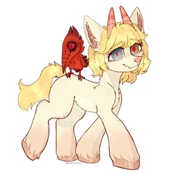 Size: 604x604 | Tagged: safe, artist:cherry_kotya, oc, oc only, ambiguous species, bird, pony, heterochromia, horns, looking at you, solo
