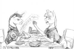 Size: 1280x843 | Tagged: safe, artist:baron engel, oc, oc only, oc:trotter, changeling, pony, unicorn, book, chair, disguise, disguised changeling, grayscale, looking at each other, magic, male, monochrome, newspaper, pencil drawing, raised hoof, simple background, stallion, story included, table, telekinesis, traditional art, white background