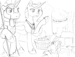 Size: 1280x989 | Tagged: safe, artist:silfoe, princess cadance, shining armor, alicorn, pony, unicorn, moonsetmlp, g4, apple, armor, basket, black and white, description is relevant, female, filly, food, grayscale, guard, hoof shoes, jewelry, lineart, looking up, male, mare, monochrome, raised hoof, regalia, simple background, spear, stallion, story included, we couldn't fit it all in, weapon, white background