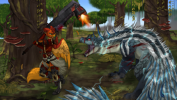 Size: 2560x1440 | Tagged: safe, artist:whizavy, oc, oc:amber wing, griffon, anthro, armor, blood, forest, greatsword, monster hunter, tobi-kadachi, weapon