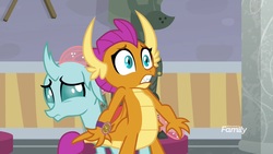 Size: 1920x1080 | Tagged: safe, screencap, ocellus, smolder, changedling, changeling, dragon, a matter of principals, g4, female, scared, school of friendship