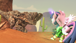 Size: 1920x1080 | Tagged: safe, artist:fd-daylight, twilight sparkle, alicorn, pony, g4, 3d, away from viewer, barroth, cactus, clothes, crossover, desert, monster hunter, twilight sparkle (alicorn), video game crossover
