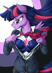 Size: 955x1351 | Tagged: safe, artist:mysticalpha, twilight sparkle, alicorn, anthro, g4, breasts, captain marvel (marvel), clothes, crossover, female, glasses, marvel, necktie, older, older twilight, open clothes, open shirt, serious, serious face, shirt, solo, suit, superhero, superhero costume, twilight sparkle (alicorn), undershirt