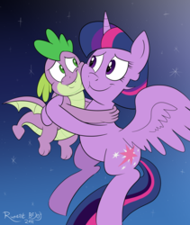 Size: 1632x1931 | Tagged: safe, artist:rupert, spike, twilight sparkle, alicorn, dragon, pony, g4, baby, baby dragon, cute, cutie mark, fangs, female, flying, green eyes, hug, male, mama twilight, mare, night, night sky, signature, sky, smiling, spikabetes, spikelove, twiabetes, twilight sparkle (alicorn), winged spike, wings