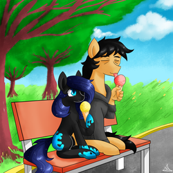 Size: 3200x3200 | Tagged: safe, artist:zachc, oc, oc only, earth pony, pony, :p, bench, clothes, duo, eyes closed, female, food, height difference, high res, hoodie, hoof hold, ice cream, ice cream cone, licking, looking up, male, mare, outdoors, sitting, smiling, stallion, suddenly hands, tongue out, tree, wat