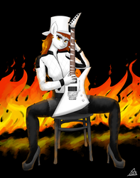 Size: 3000x3800 | Tagged: safe, artist:zachc, oc, oc only, anthro, plantigrade anthro, clothes, electric guitar, female, fire, guitar, high res, musical instrument, sitting, solo