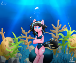 Size: 3400x2800 | Tagged: safe, artist:zachc, oc, oc only, pony, air bubble, clothes, coral, female, high res, inktober, one-piece swimsuit, slender, solo, swimsuit, thin, underwater