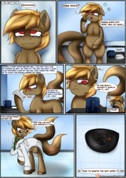 Size: 2893x4092 | Tagged: safe, artist:novaspark, oc, oc only, oc:mocha glaze, earth pony, pony, comic:working for a mad mare, :s, ^^, bags under eyes, camera, clothes, coffee, coffee mug, comic, dialogue, double tail, ear fluff, earth pony oc, eyes closed, frog (hoof), high res, hoof hold, hooves, indoors, lab coat, looking at something, male, mug, multiple tails, narrowed eyes, necktie, no pupils, open mouth, open smile, paper, patreon, patreon logo, raised hoof, reading, shading, shadow, smiling, solo, speech bubble, stallion, standing, tail, tired, underhoof, unshorn fetlocks, wall of tags, wavy mouth