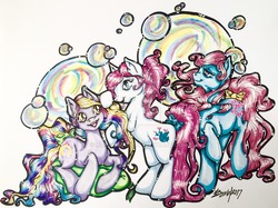 Size: 1024x766 | Tagged: safe, artist:kay-kitten, bow tie (g1), ringlets (g1), truly, pony, g1, bow, bubble, deviantart watermark, obtrusive watermark, tail, tail bow, traditional art, trio, watermark