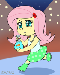 Size: 800x1000 | Tagged: safe, artist:empyu, fluttershy, fish, equestria girls, g4, 30 minute art challenge, bag, boots, clothes, cute, female, running, shoes, skirt, solo, tank top, younger