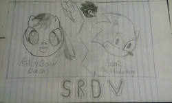 Size: 1920x1152 | Tagged: safe, artist:srdv, rainbow dash, g4, crossover, lined paper, male, sonic the hedgehog, sonic the hedgehog (series), traditional art