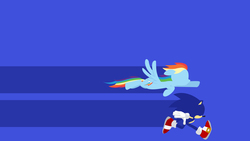 Size: 2550x1440 | Tagged: safe, artist:minimalist-archive, rainbow dash, pegasus, pony, g4, blue background, crossover, female, floppy ears, flying, hooves, lineless, male, mare, minimalist, modern art, running, simple background, sonic the hedgehog, sonic the hedgehog (series), wallpaper, wings