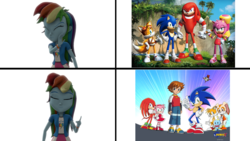 Size: 1280x720 | Tagged: safe, artist:lance-pizon, rainbow dash, chao, equestria girls, g4, 3d, amy rose, cheese chao, chris thorndyke, cream the rabbit, crossover, hotline bling, knuckles the echidna, male, meme, miles "tails" prower, sonic boom, sonic the hedgehog, sonic the hedgehog (series), sonic x, source filmmaker