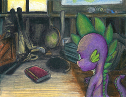 Size: 3872x2988 | Tagged: safe, artist:tillie-tmb, spike, dragon, fanfic:spectrum of lightning, series:daring did tales of an adventurer's companion, g4, attic, book, box, fanfic art, globe, high res, male, solo, traditional art