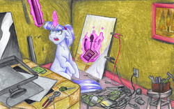 Size: 2184x1365 | Tagged: safe, artist:tillie-tmb, twilight velvet, pony, fanfic:spectrum of lightning, series:daring did tales of an adventurer's companion, g4, alternate hairstyle, bed, fanfic art, female, hotel room, magic, mirror, ponytail, solo, telekinesis, television, toolbox, traditional art