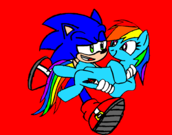 Size: 1681x1319 | Tagged: safe, artist:rick00137, artist:yugi012, rainbow dash, pony, g4, crossover, holding a pony, male, request, sonic the hedgehog, sonic the hedgehog (series)
