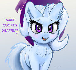 Size: 1601x1484 | Tagged: safe, artist:xbi, trixie, pony, unicorn, g4, chest fluff, clothes, cookie, cute, dialogue, diatrixes, ear fluff, female, food, gradient background, hat, implied digestion, looking at you, pure unfiltered evil, solo, trixie's hat