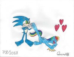 Size: 3300x2550 | Tagged: safe, artist:quinstiff, rainbow dash, g4, barefoot, crossover, feet, female, heart, high res, interspecies, male, shipping, sonic the hedgehog, sonic the hedgehog (series), sonicdash, straight, tickling, traditional art