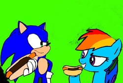 Size: 724x492 | Tagged: safe, artist:yugi012, rainbow dash, pony, g4, chili dog, chilli, crossover, food, hot dog, male, meat, ponies eating meat, request, sausage, sonic the hedgehog, sonic the hedgehog (series)