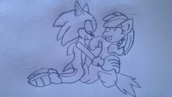 Size: 1024x576 | Tagged: safe, artist:alvaxerox, rainbow dash, g4, crossover, male, request, sonic the hedgehog, sonic the hedgehog (series), tickling, traditional art