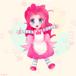 Size: 3000x3000 | Tagged: safe, artist:jeremywithlove, pinkie pie, equestria girls, g4, anime, blushing, clothes, cute, diapinkes, female, heart, heart eyes, high res, looking at you, open mouth, shoes, socks, solo, striped socks, wingding eyes, younger