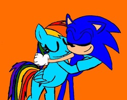 Size: 621x490 | Tagged: safe, artist:yugi012, rainbow dash, g4, crossover, eyes closed, hug, male, request, sonic the hedgehog, sonic the hedgehog (series)