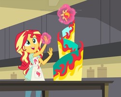 Size: 753x603 | Tagged: safe, artist:sapphiregamgee, sunset shimmer, equestria girls, g4, apron, cake, clothes, cropped, fiery shimmer, food, implied pinkie pie, kitchen, magic, telekinesis